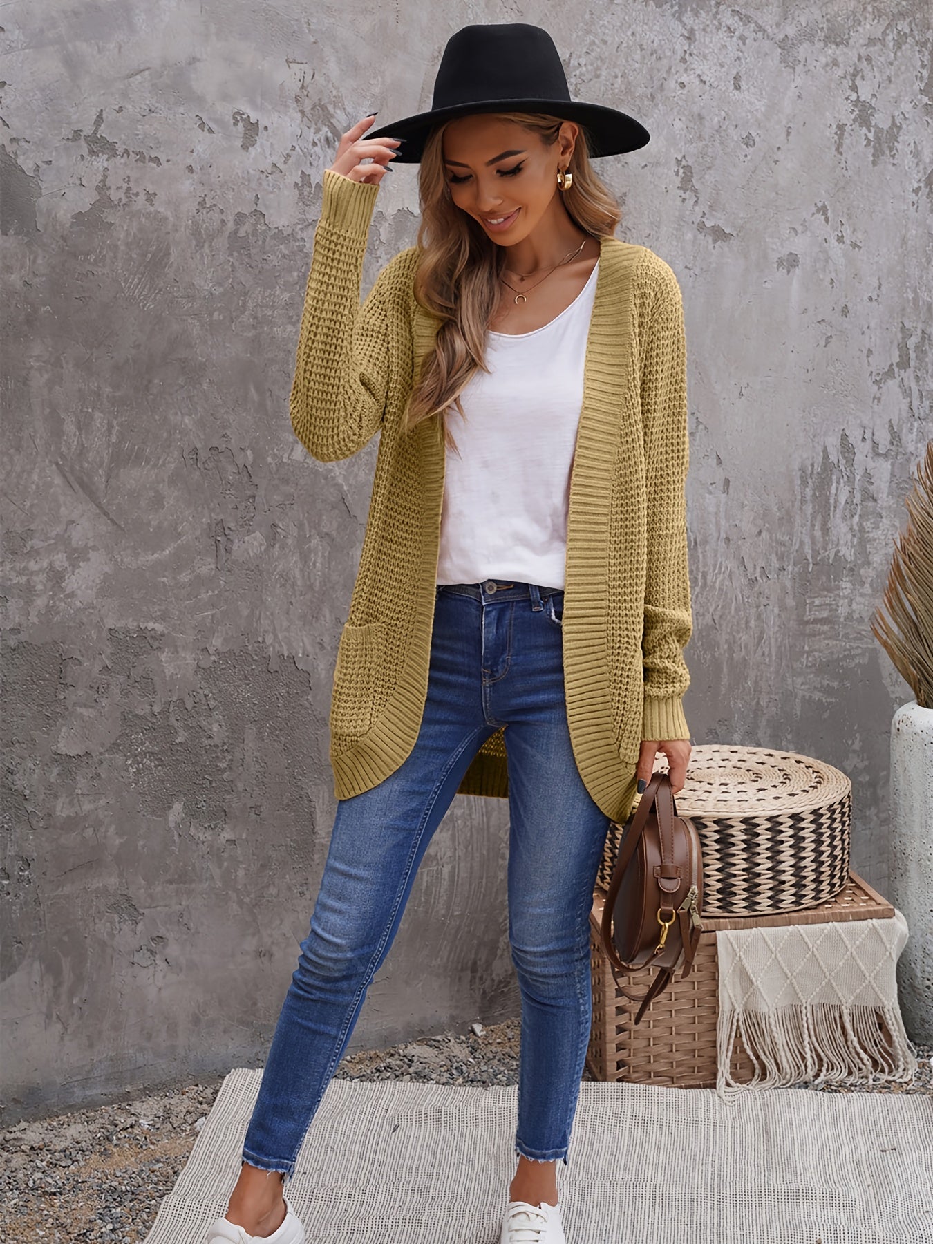 2025 gbolsos  V-neck Solid Loose Pocket Cardigans, Casual Long Sleeve Fall Winter Knit Cardigan, Women's Clothing