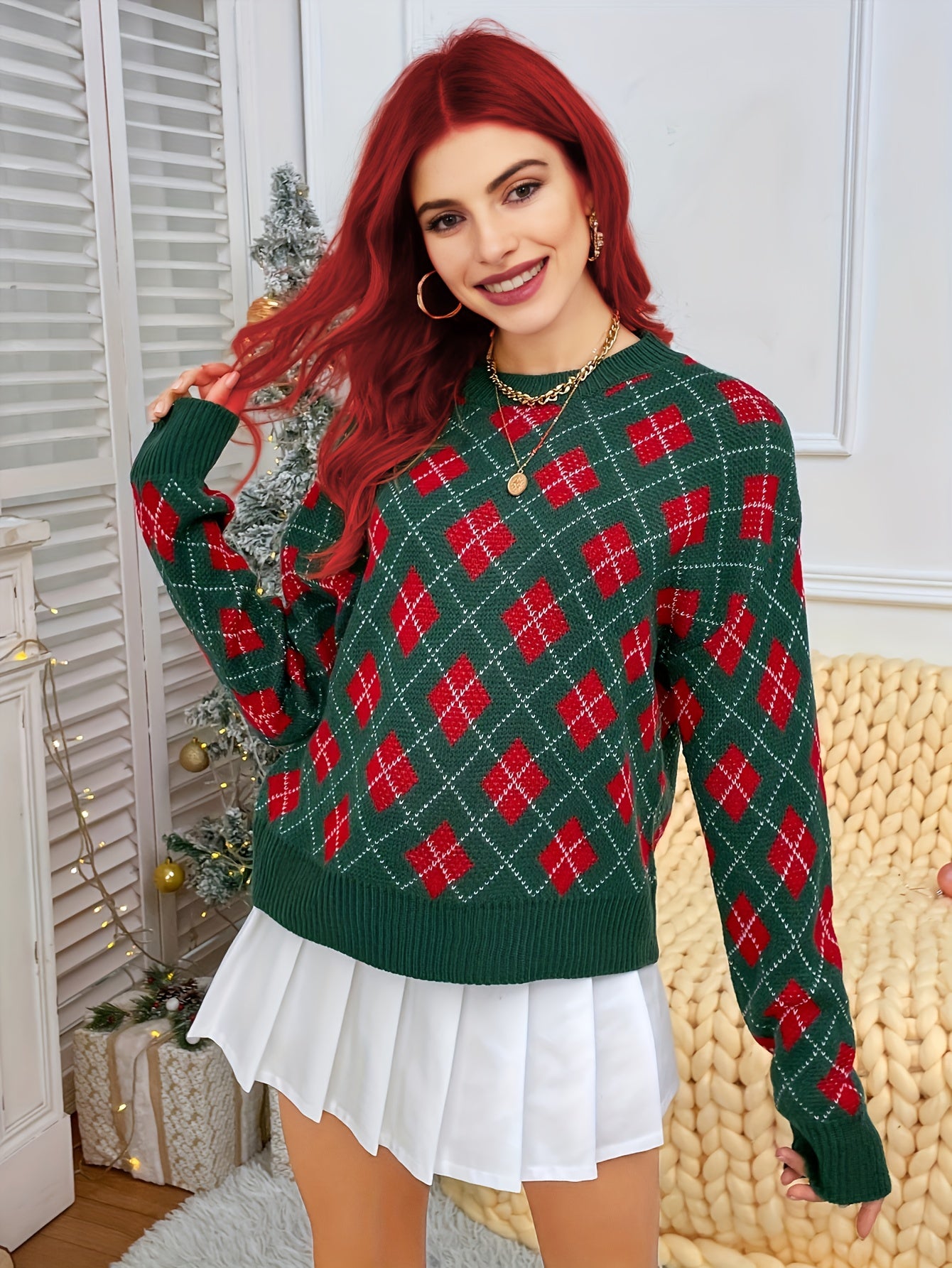 gbolsos  Christmas Pattern Crew Neck Pullover Sweater, Casual Long Sleeve Drop Shoulder Sweater, Women's Clothing