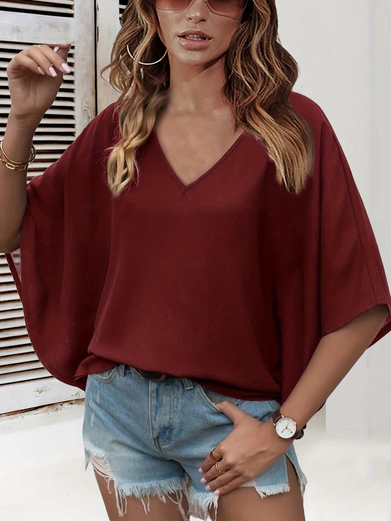 Batwing Sleeve V Neck Blouse, Loose Casual Top For Fall & Spring, Women's Clothing