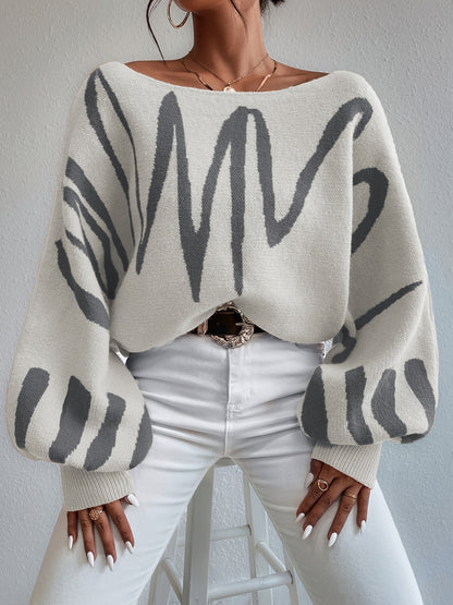 gbolsos  Graphic Pattern Boat Neck Pullover Sweater, Elegant Lantern Sleeve Oversized Sweater, Women's Clothing