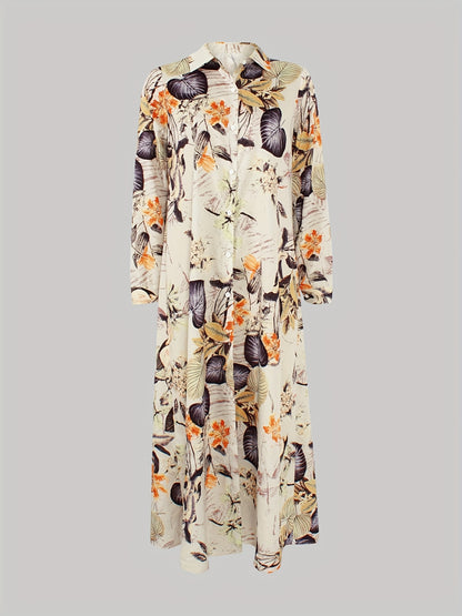 gbolsos  Leaves Print Single Button Dress, Versatile Long Sleeve Maxi Dress For Spring & Fall, Women's Clothing