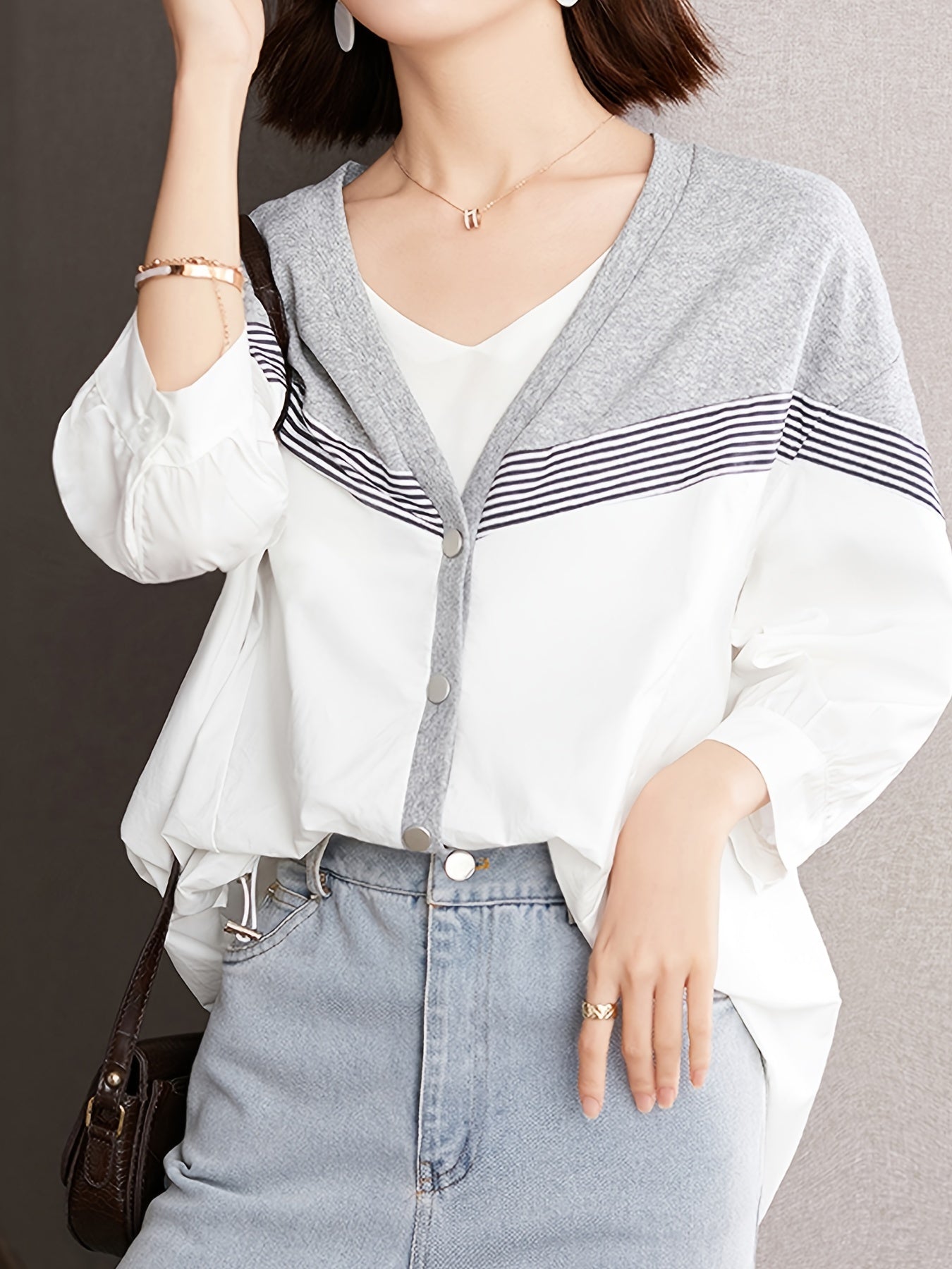 gbolsos  Striped Stitching Blouse, V Neck Long Sleeve Blouse, Elegant & Stylish Tops For Office & Work, Women's Clothing