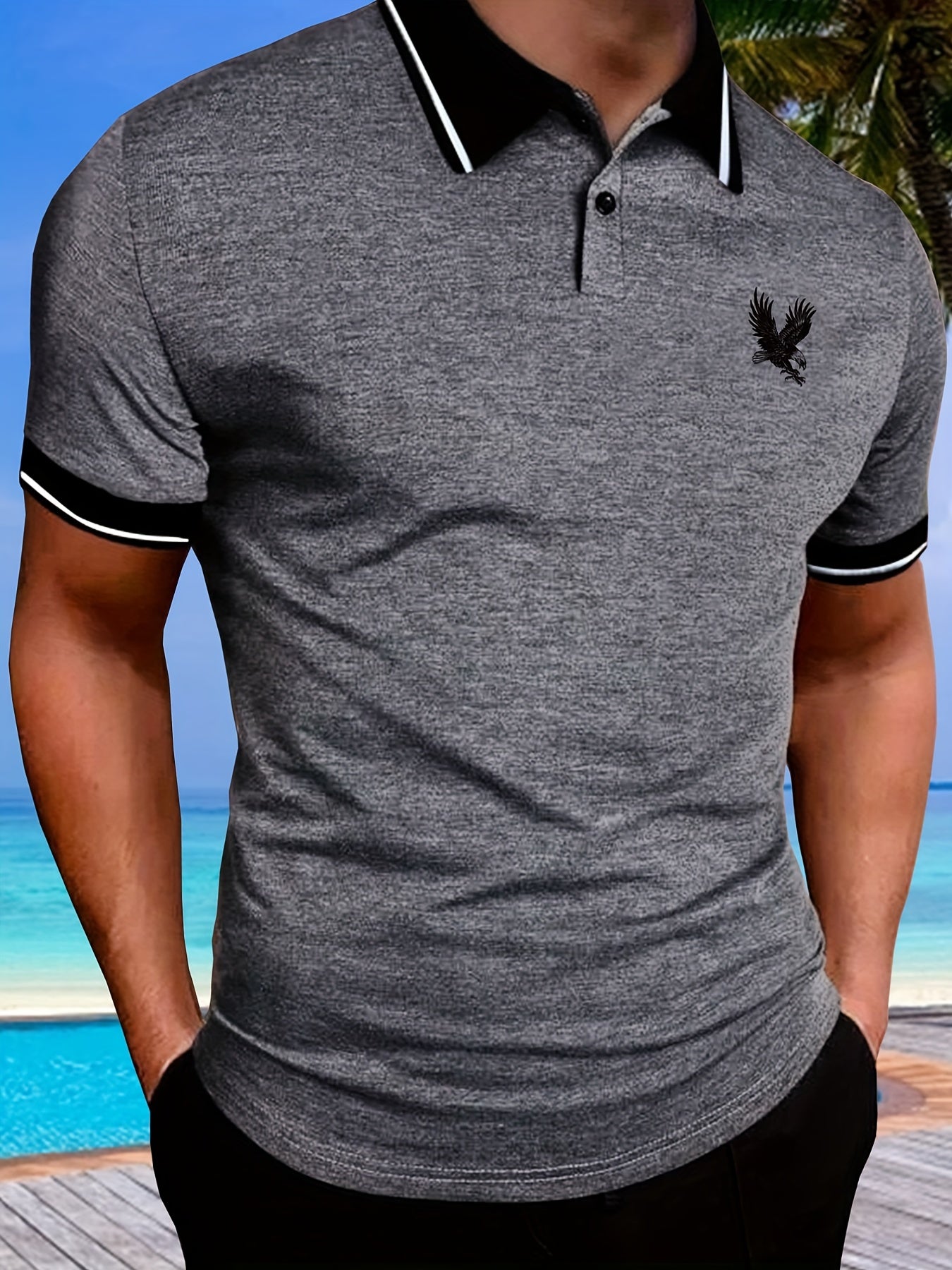 gbolsos  Casual Short Sleeves Button Up Graphic Polo Shirts, V-neck Tops Pullovers, Men's Clothing For Summer