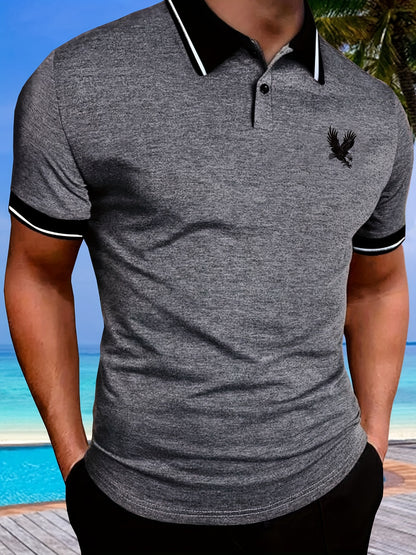gbolsos  Casual Short Sleeves Button Up Graphic Polo Shirts, V-neck Tops Pullovers, Men's Clothing For Summer