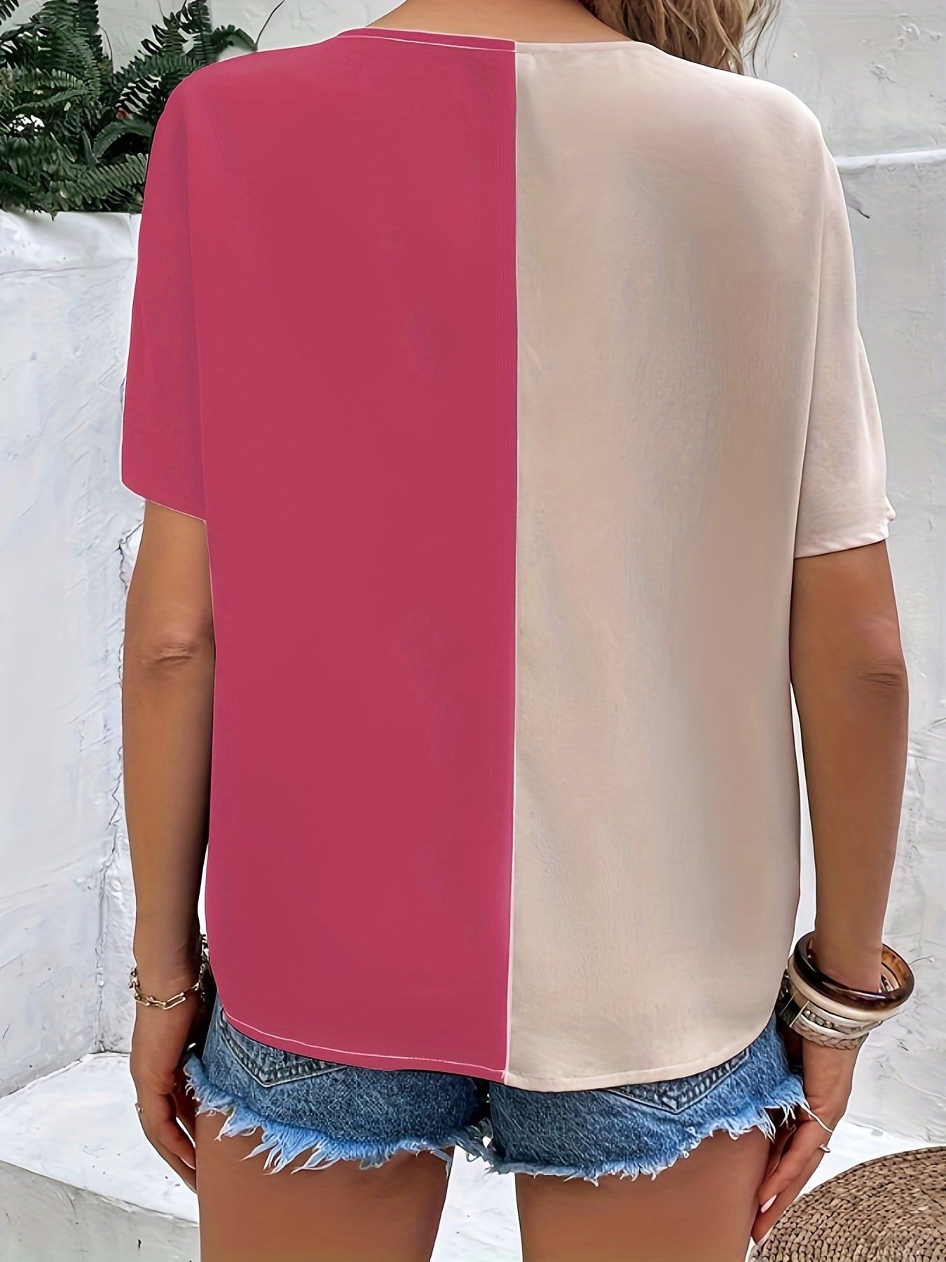 gbolsos  V-neck Color Block Blouse, Casual Short Sleeve Blouse For Spring & Summer, Women's Clothing