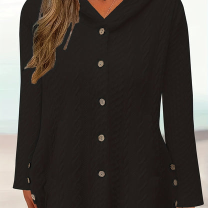 Solid Button Up Cable Hoodie, Casual Long Sleeve Hoodies Sweatshirt, Women's Clothing