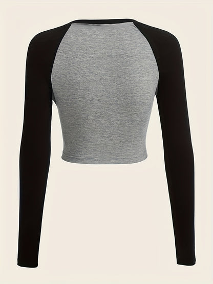 gbolsos  Graphic & Letter Print Notched Neck T-shirt, Y2K Long Sleeve Raglan Shoulder Top, Women's Clothing