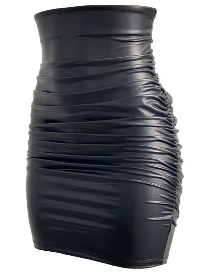 Ruched PU Leather Bodycon Skirt, Sexy High Waist Skirt For Nightclub, Women's Clothing