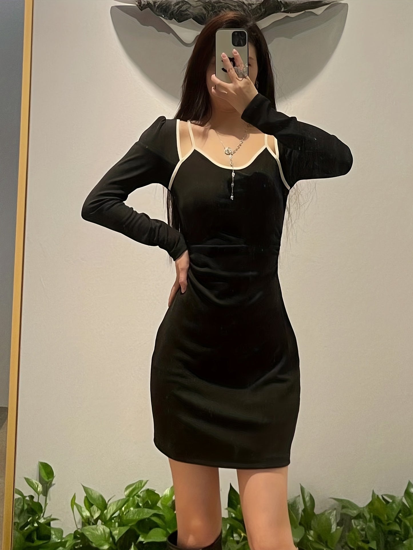 gbolsos  Contrast Trim Long Sleeve Strap Dress, Elegant Slim Mini Dress, Women's Clothing