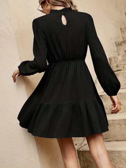 Solid Color Lantern Sleeve Dress, Casual Crew Neck Cinched Waist Dress For Spring & Fall, Women's Clothing