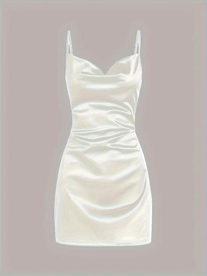 Solid Cowl Neck Spaghetti Dress, Sexy Tie Back Bodycon Cami Dress For Summer, Women's Clothing