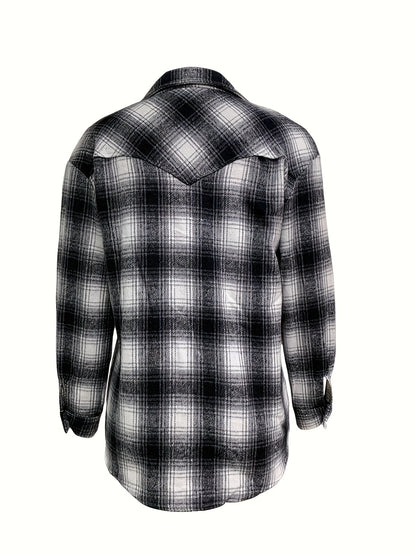 gbolsos  Plaid Print Polo Collar Button Shirt, Casual Long Sleeve Shirt For Spring & Fall, Women's Clothing