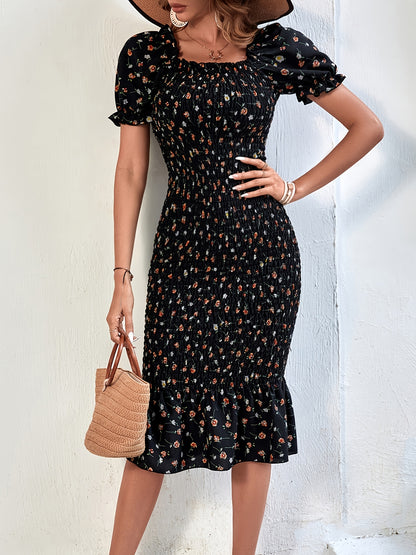 gbolsos  Floral Print Bodycon Dress, Elegant Ruffle Hem Square Neck Short Sleeve Shirred Dress, Women's Clothing