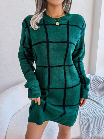 2025 gbolsos  Color Block Plaid Round Neck Long Sleeve Sweater Dress, Bag Hip Casual Bodycon Loose Dress, Women's Clothing