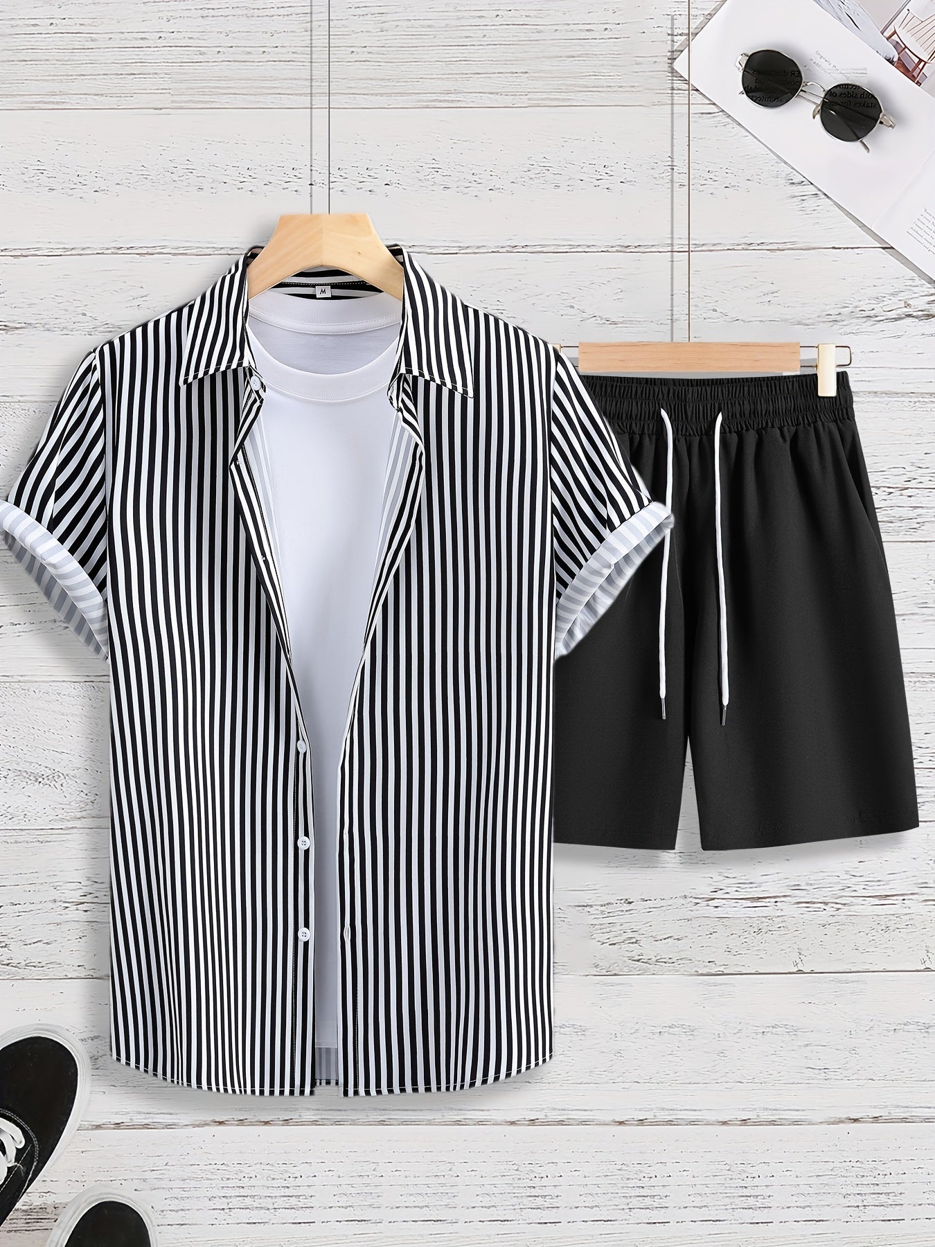 gbolsos  Men's Striped 2pcs, Short Sleeve Button Up Shirt And Drawstring Shorts Set