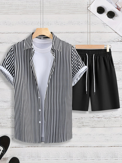 gbolsos  Men's Striped 2pcs, Short Sleeve Button Up Shirt And Drawstring Shorts Set
