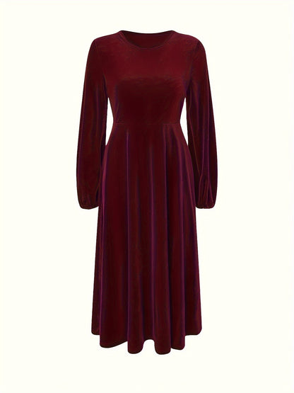 gbolsos  Plus Size Elegant Dress, Women's Plus Solid Velvet Lantern Sleeve Round Neck Dress