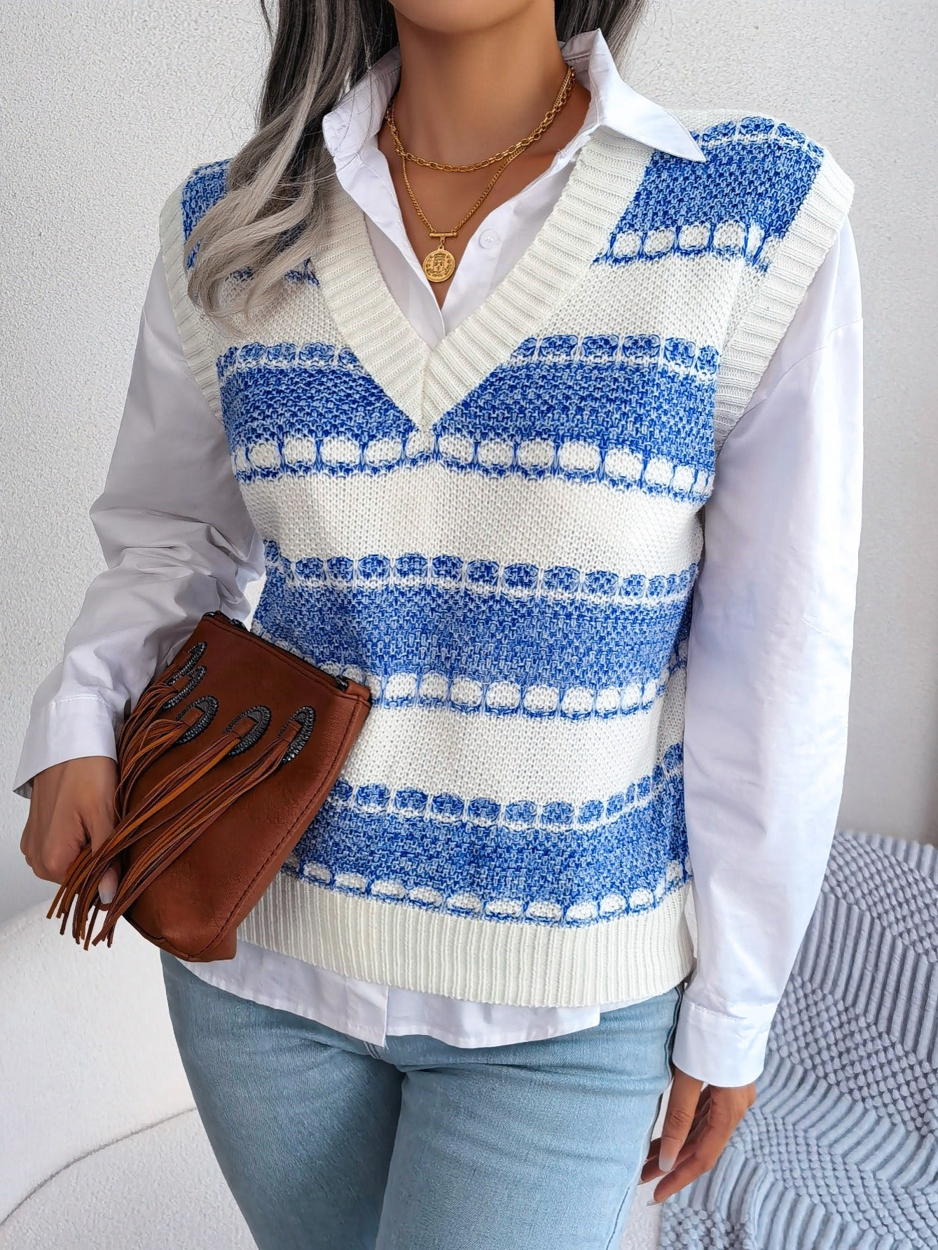 2025 gbolsos  Women's Sweater Colorblock V Neck Sweater Vest
