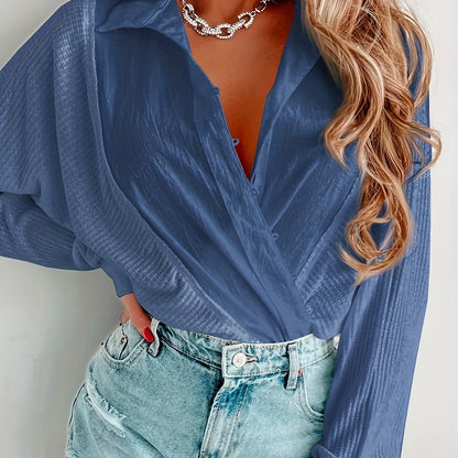 2025 gbolsos  Waffle Stitching Lapel Button Shirt, Casual Long Sleeve Shirt For Spring & Fall, Women's Clothing