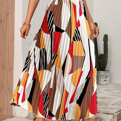 Geo Print Pleated Skirts, Casual High Waist Maxi Skirts, Women's Clothing