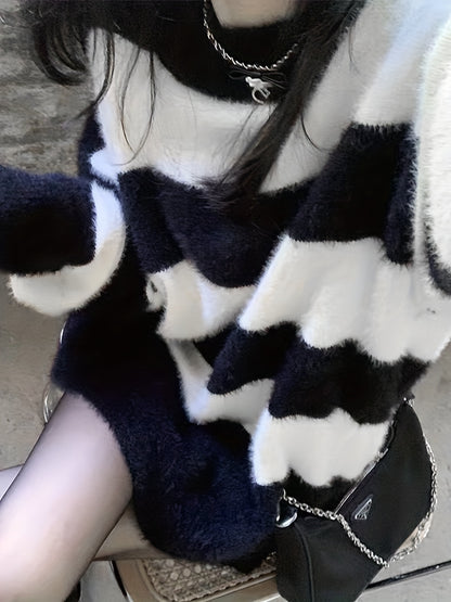 Color Block Striped Knit Sweater, Casual Crew Neck Long Sleeve Sweater For Spring & Fall, Women's Clothing
