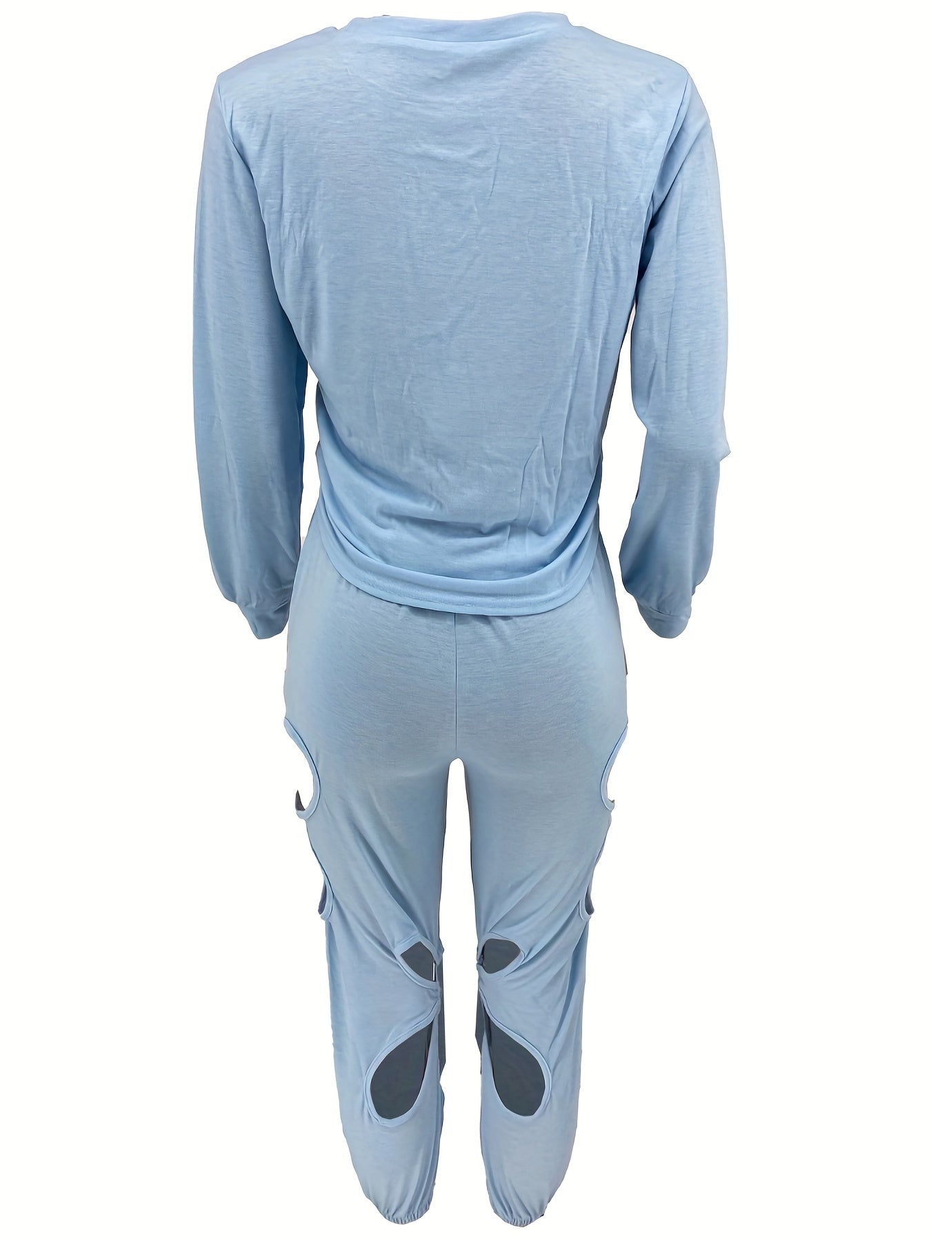 gbolsos  Solid Sexy Two-piece Set, Knotted Long Sleeve Tops & Cut Out Long Length Pants Outfits, Women's Clothing