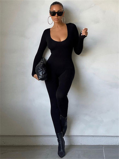 Solid Crew Neck Long Sleeve Bodycon Jumpsuit, Sports Yoga Skinny Long Length Seamless Jumpsuit, Women's Clothing