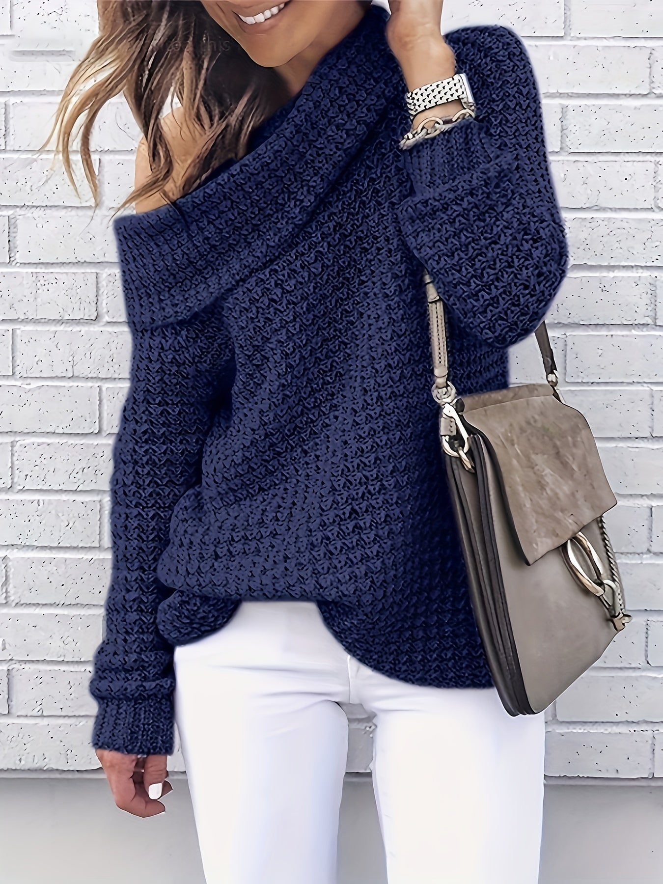 gbolsos  Plus Size Casual Sweater, Women's Solid Textured Long Sleeve High Neck Slight Stretch Pullover Sweater