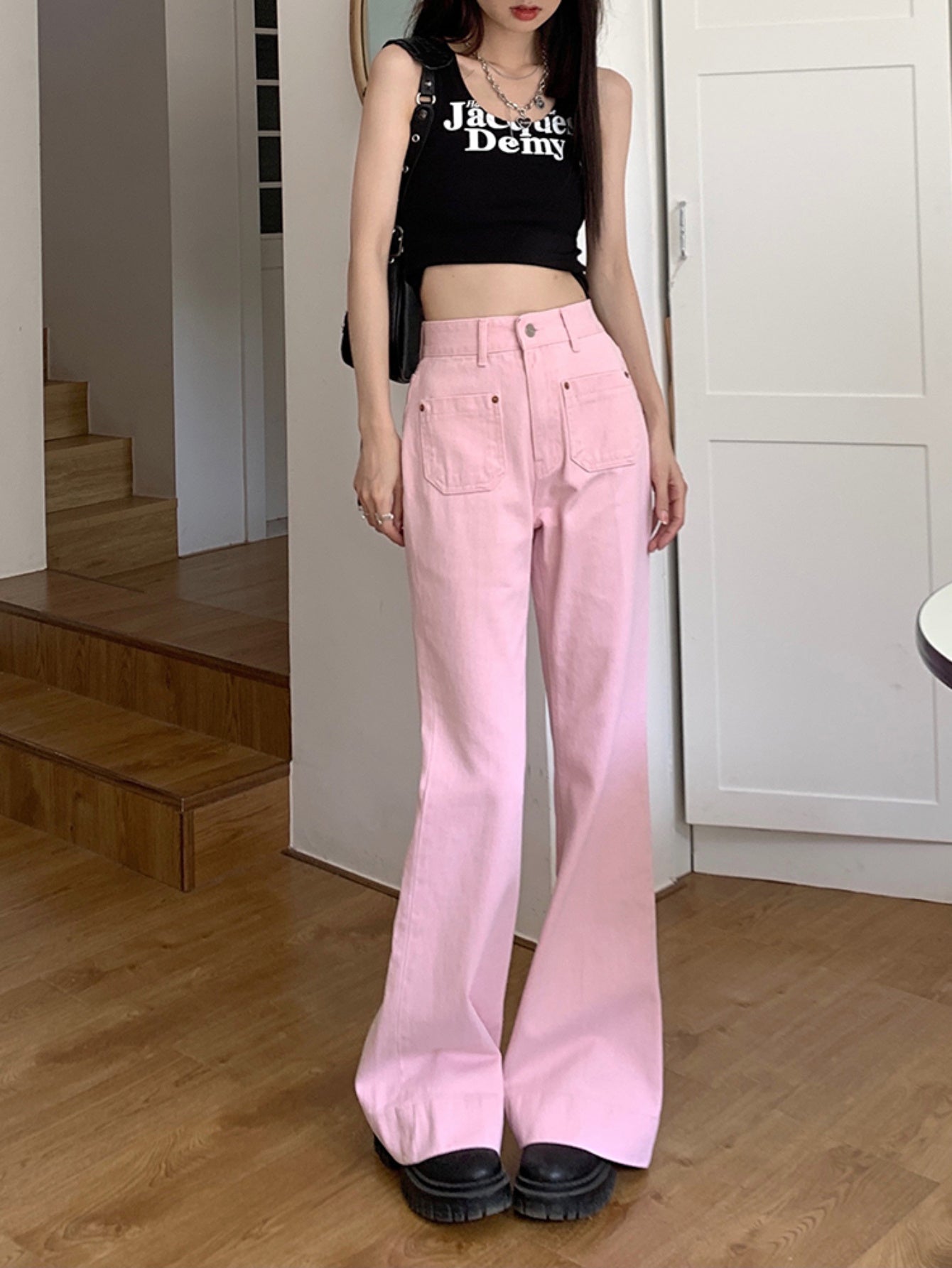 gbolsos  Plain Loose Fit Flare Jeans, Wide Legs Non-Stretch Casual Bell Bottom Jeans, Women's Denim Jeans & Clothing