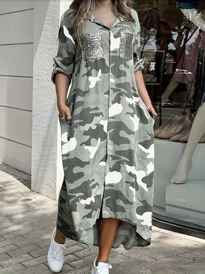 gbolsos  Camo Print Shirt Dress, Casual Button Front Long Sleeve Collar Dress, Women's Clothing