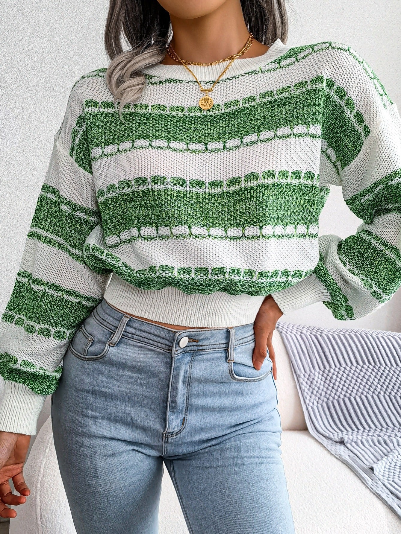 2025 gbolsos  Women's Sweaters Lantern Sleeve Striped Crew Neck Color Block Pullovers
