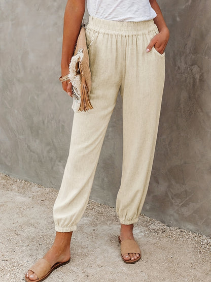 gbolsos  Solid Ruched Pants, Casual Elastic High Waist Cropped Pants With Pockets, Women's Clothing