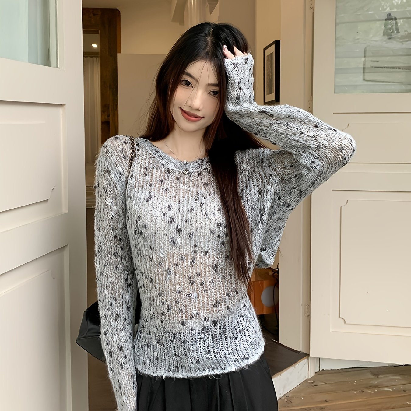 gbolsos  Colorful Dot Crew Neck Pullover Sweater, Casual Tied Back Long Sleeve Thin Knit Sweater, Women's Clothing