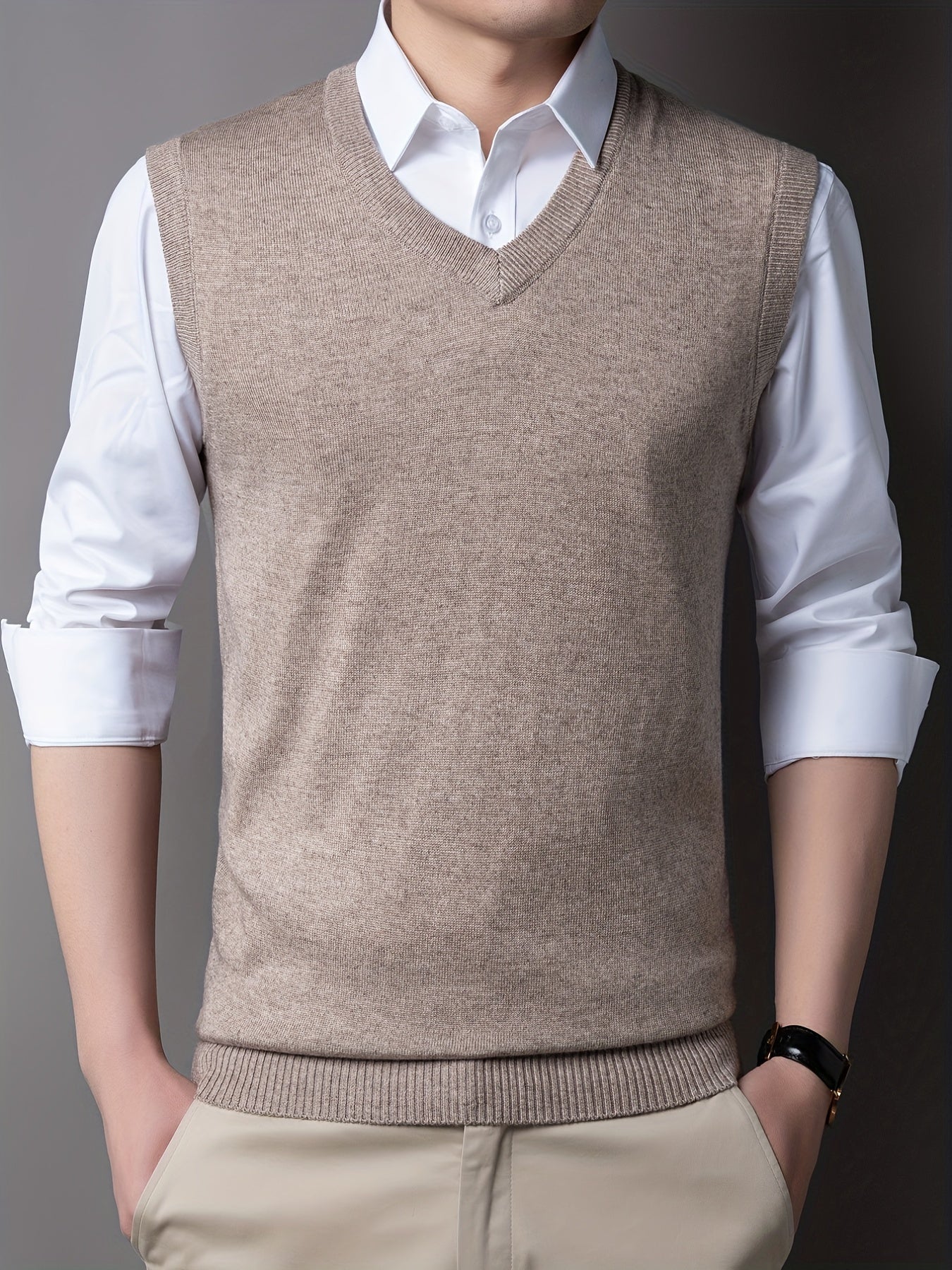 gbolsos Casual Knitted Pullover, V-neck Sleeveless Thermal Jacket, Wool Vest, Men's Tank Top  For Autumn And Winter