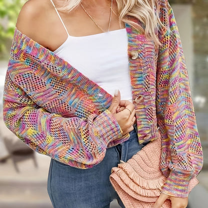 Tie Dye Button Front Knit Cardigan, Casual V Neck Long Sleeve Sweater, Women's Clothing