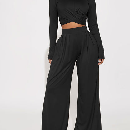 gbolsos  Casual Solid Two-piece Set, Twist Front Tied Crop Top & Wide Leg Pants Outfits, Women's Clothing
