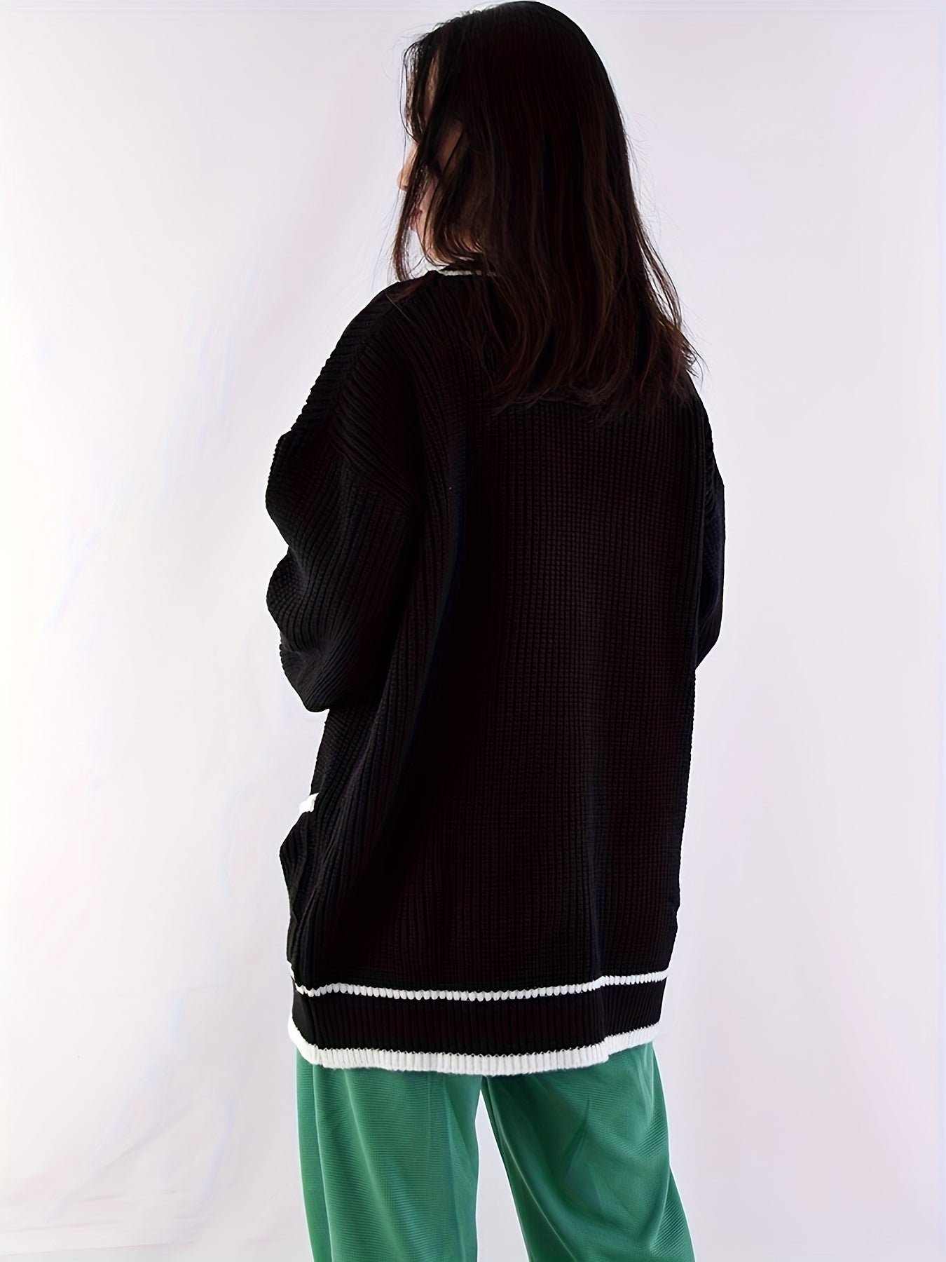 gbolsos  Contrast Trim Botton Up Cardigan, Casual Long Sleeve Pocket Loose Sweater For Fall & Winter, Women's Clothing