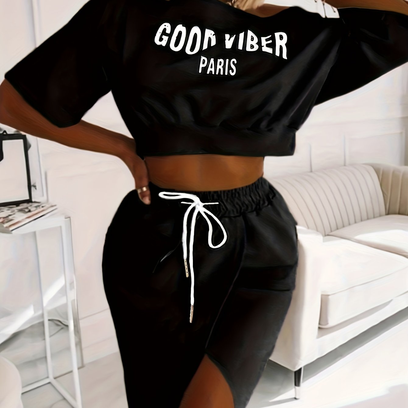 2025 elveswallet  Plus Size Casual Outfits Two Piece Set, Women's Plus Letter Print One Shoulder Short Sleeve Top & Drawstring Split Hem Knee Length Skirt Outfits 2 Piece Set