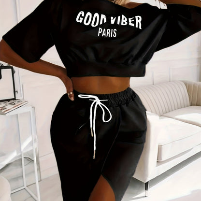 2025 elveswallet  Plus Size Casual Outfits Two Piece Set, Women's Plus Letter Print One Shoulder Short Sleeve Top & Drawstring Split Hem Knee Length Skirt Outfits 2 Piece Set