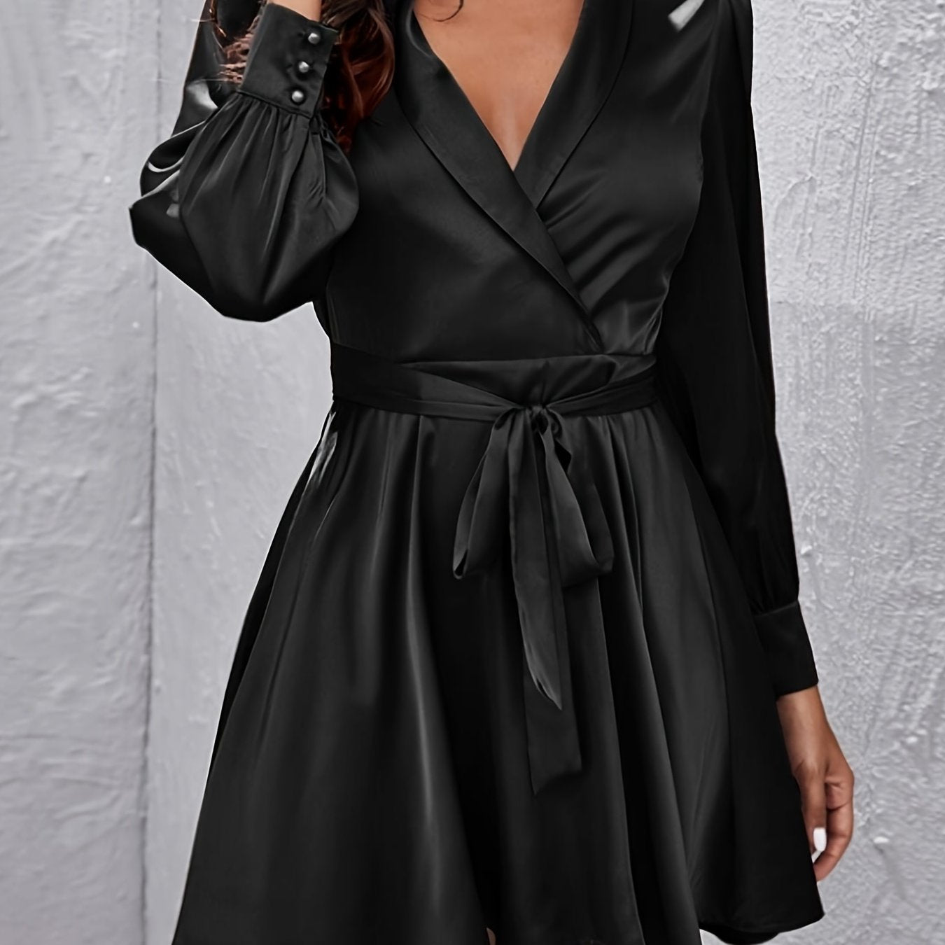 gbolsos  Solid V Neck Long Sleeve Tie Waist Dress, Casual Ruffled Hem Vintage Mini Dress, Women's Clothing