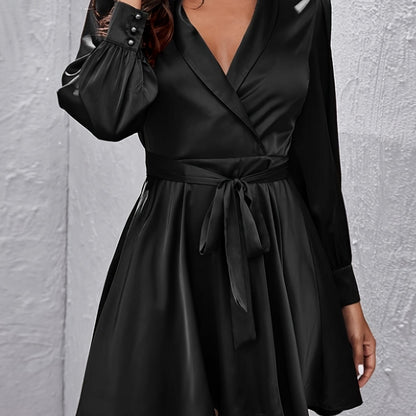 gbolsos  Solid V Neck Long Sleeve Tie Waist Dress, Casual Ruffled Hem Vintage Mini Dress, Women's Clothing