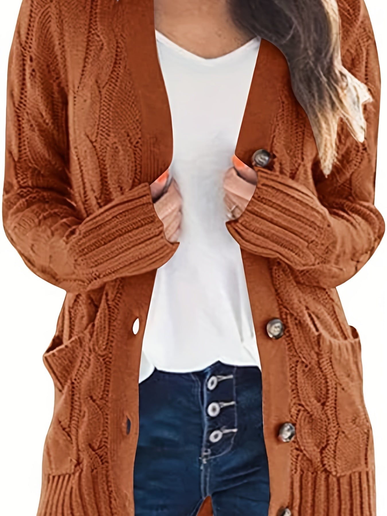 Cable Knit Button Front Cardigan, Casual Solid Long Sleeve Cardigan For Fall & Winter, Women's Clothing