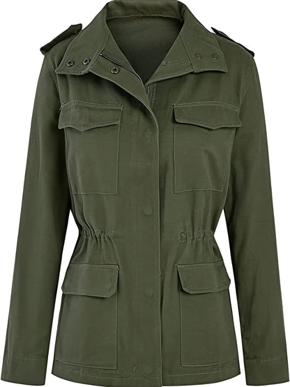 gbolsos  Solid Stand Collar Long Sleeve Pockets Jacket, Winter Warm Zipper Button Casual Outerwear, Women's Clothing