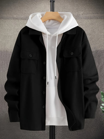 gbolsos  Fashionable And Trendy Men's Solid Shirt Lapel Button Long Sleeve Woolen Shirt Jacket, Suitable For Winter And Autumn