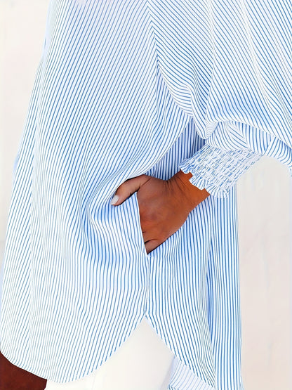Striped Print Shirred Shirt, Casual Button Front Long Sleeve Shirt, Women's Clothing
