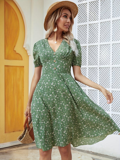 gbolsos  Floral Print Button V Neck Dress, Casual Short Sleeve Dress For Spring & Summer, Women's Clothing