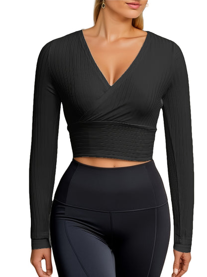 gbolsos  Ribbed Solid Deep V Neck Long Sleeve Cross Wrap Crop Tops , Women's Clothings