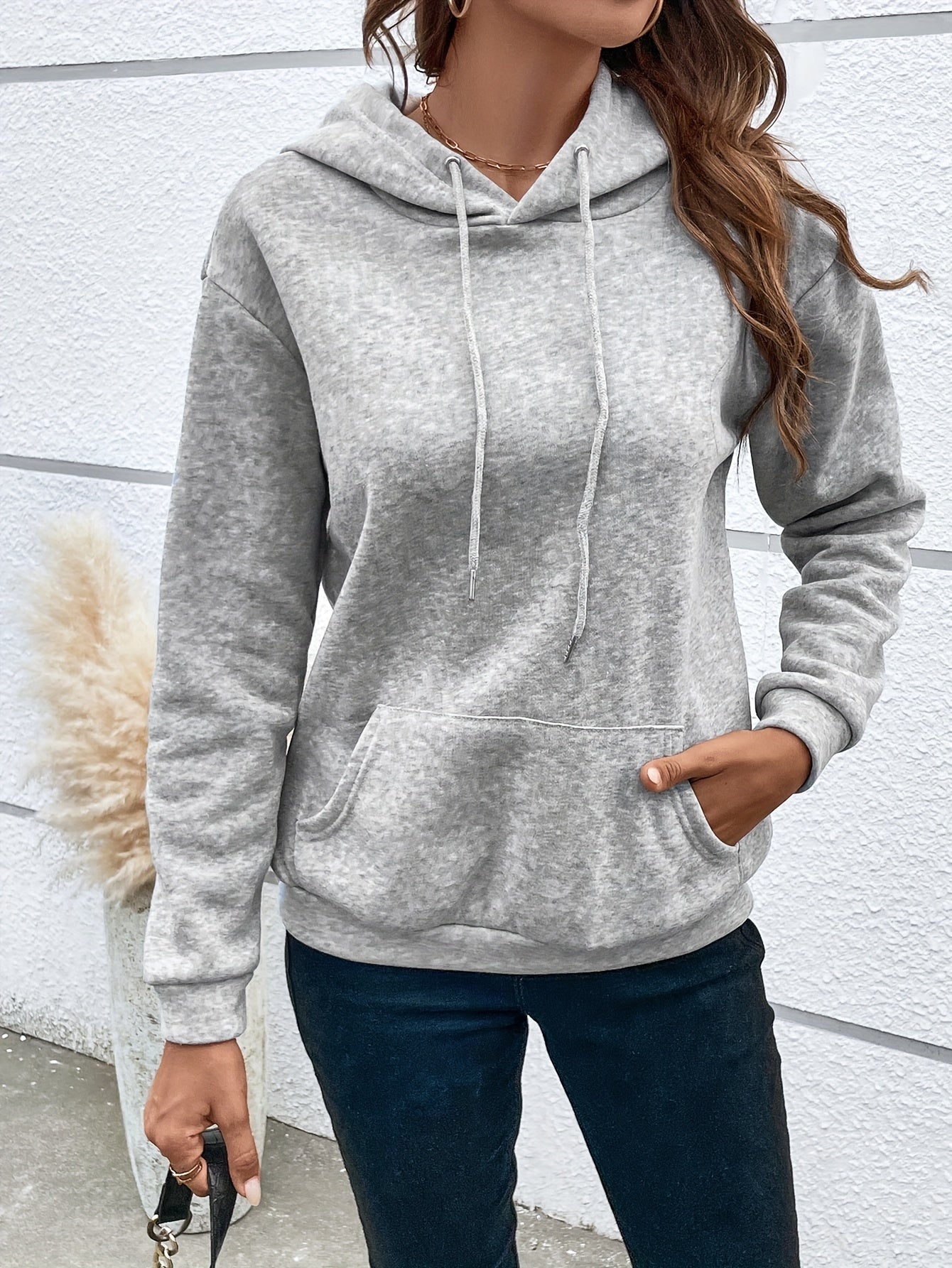 gbolsos  Solid Loose Drawstring Hoodie, Casual Long Sleeve Pocket Hoodies Sweatshirt, Women's Clothing