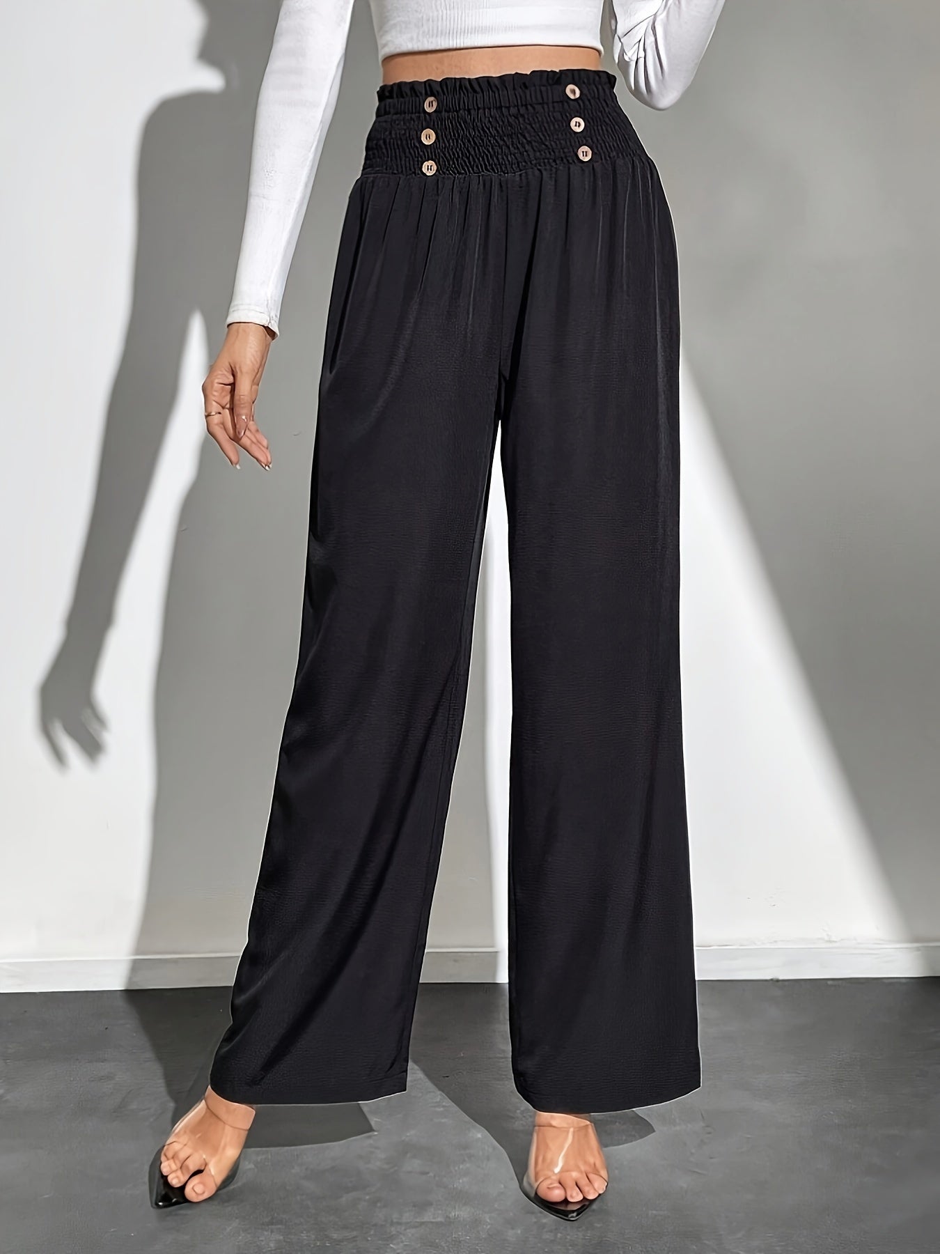 gbolsos  Button Decor Straight Leg Pants, Casual Solid Color High Waist Loose Pants, Women's Clothing