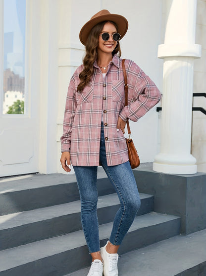 gbolsos  Plaid Print Shacket Jacket, Casual Button Front Long Sleeve Outerwear, Women's Clothing